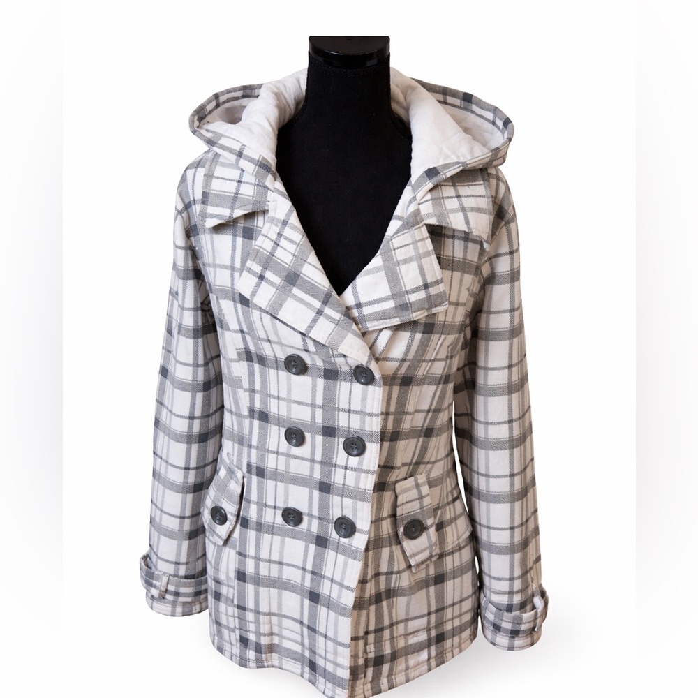 Sebby Plaid Hooded Double Breasted Peacoat Jacket XXL